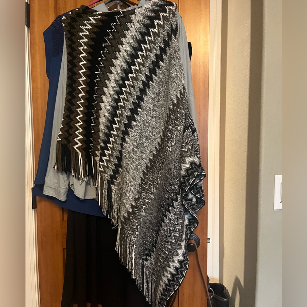 Black & Gray Zigzag Knit Poncho Sweater